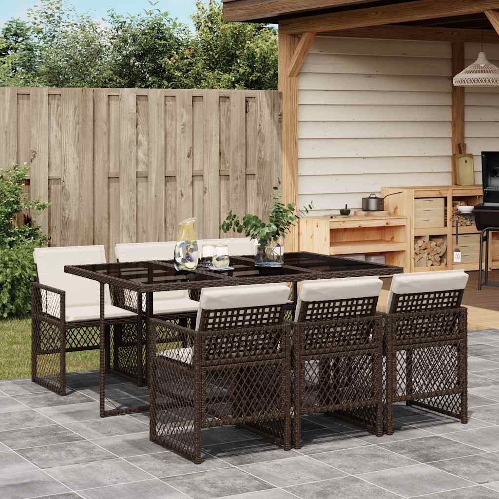7 Piece Garden Dining Set with Cushions Brown Poly Rattan
