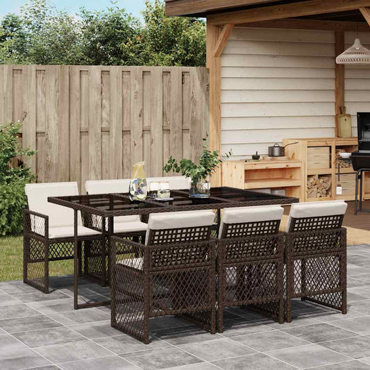 7 Piece Garden Dining Set with Cushions Brown Poly Rattan