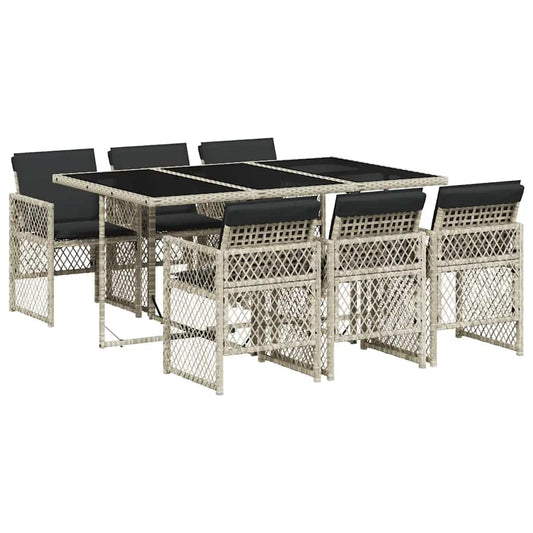 7 Piece Garden Dining Set with Cushions Light Grey Poly Rattan