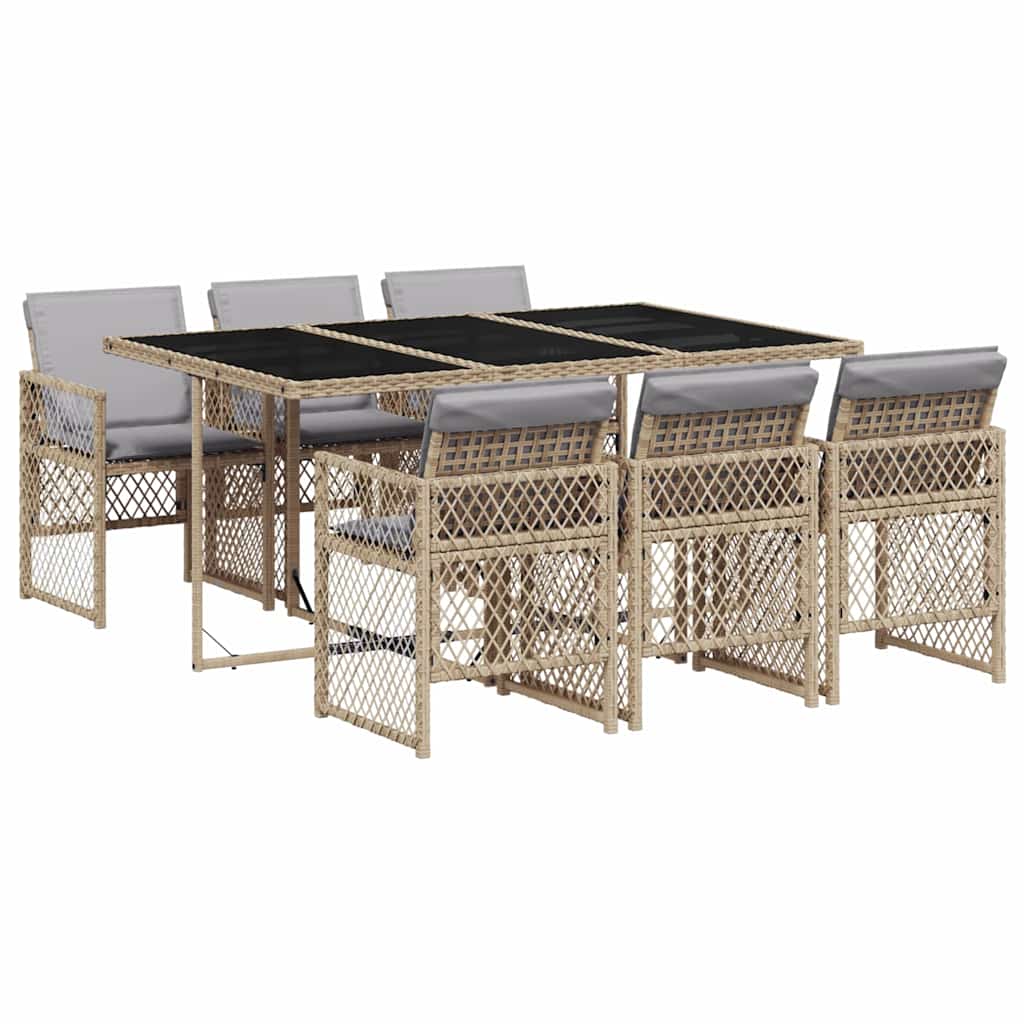 7 Piece Garden Dining Set with Cushions Beige Poly Rattan