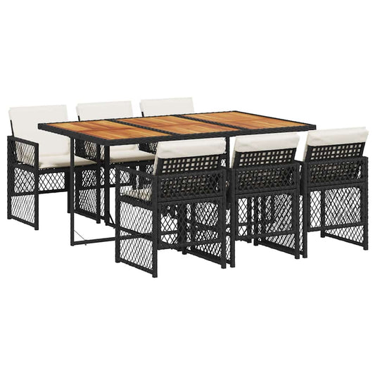 7 Piece Garden Dining Set with Cushions Black Poly Rattan