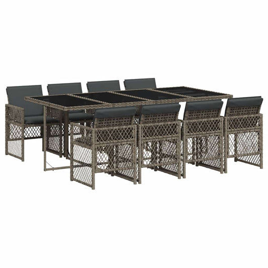 9 Piece Garden Dining Set with Cushions Grey Poly Rattan
