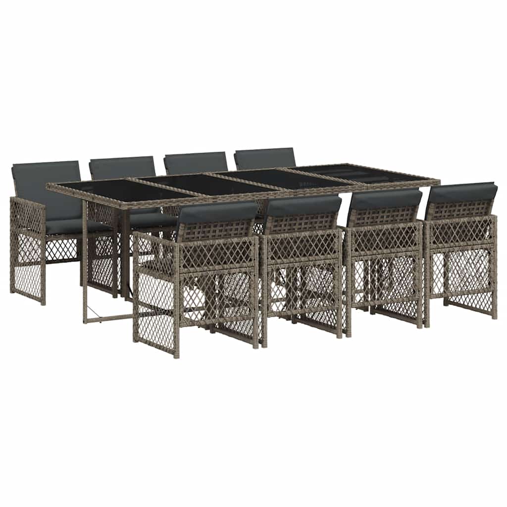 9 Piece Garden Dining Set with Cushions Grey Poly Rattan