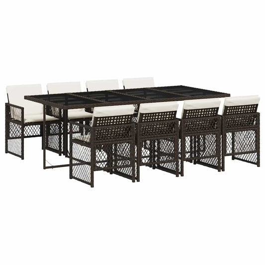 9 Piece Garden Dining Set with Cushions Brown Poly Rattan
