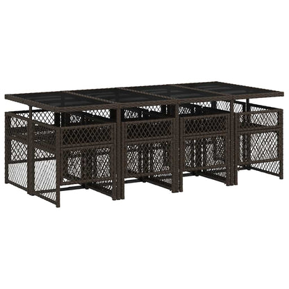 9 Piece Garden Dining Set with Cushions Brown Poly Rattan