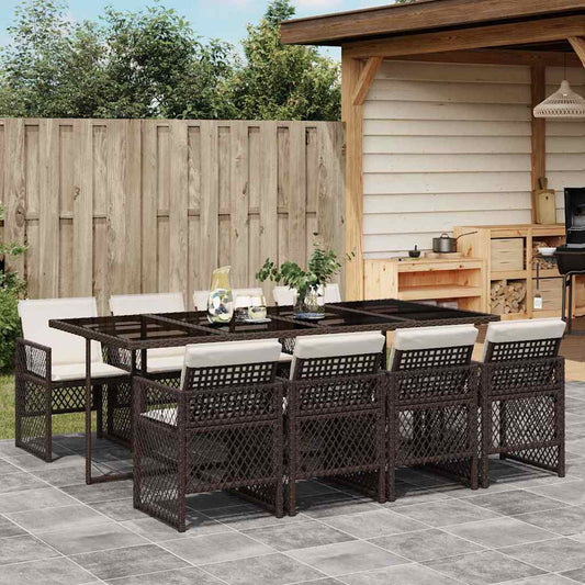 9 Piece Garden Dining Set with Cushions Brown Poly Rattan