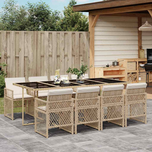9 Piece Garden Dining Set with Cushions Beige Poly Rattan