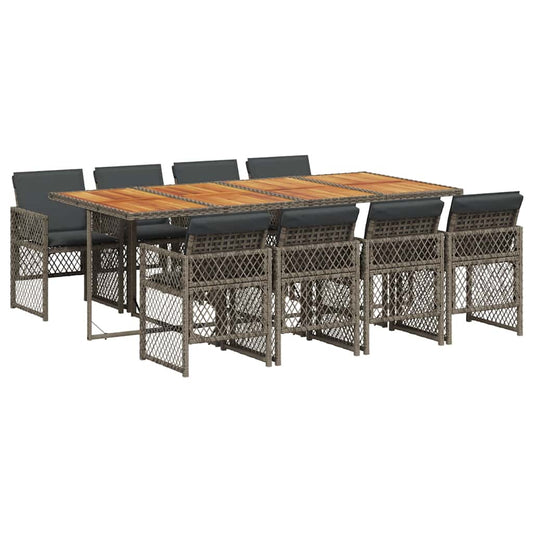9 Piece Garden Dining Set with Cushions Grey Poly Rattan