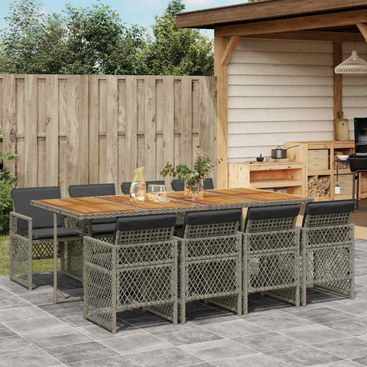 9 Piece Garden Dining Set with Cushions Grey Poly Rattan