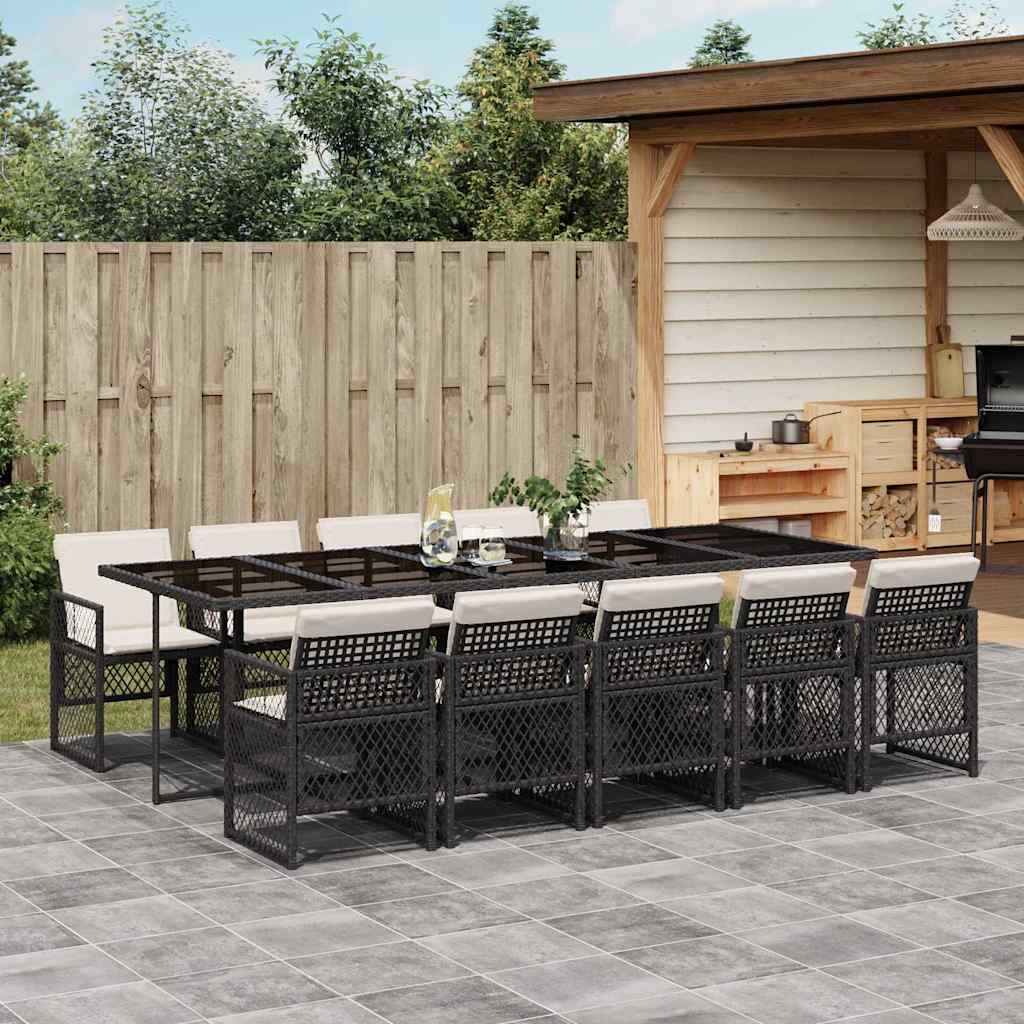 11 Piece Garden Dining Set with Cushions Black Poly Rattan