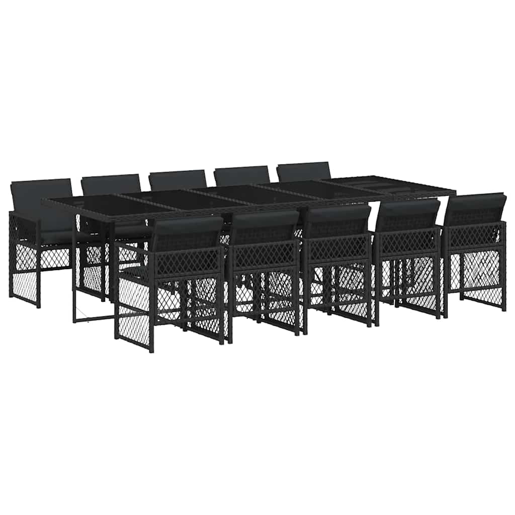 11 Piece Garden Dining Set with Cushions Black Poly Rattan