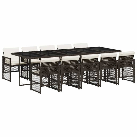 11 Piece Garden Dining Set with Cushions Brown Poly Rattan