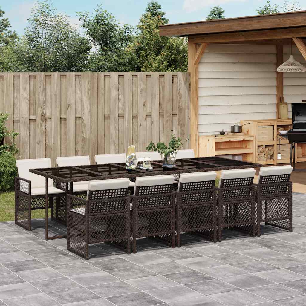 11 Piece Garden Dining Set with Cushions Brown Poly Rattan