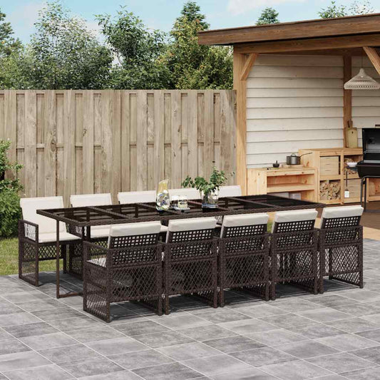 11 Piece Garden Dining Set with Cushions Brown Poly Rattan