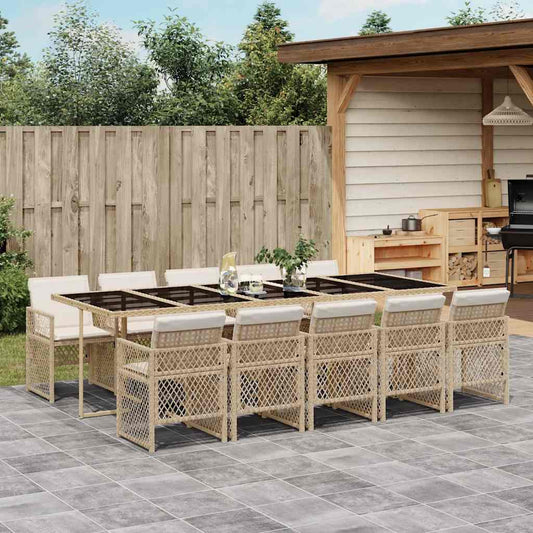 11 Piece Garden Dining Set with Cushions Beige Poly Rattan