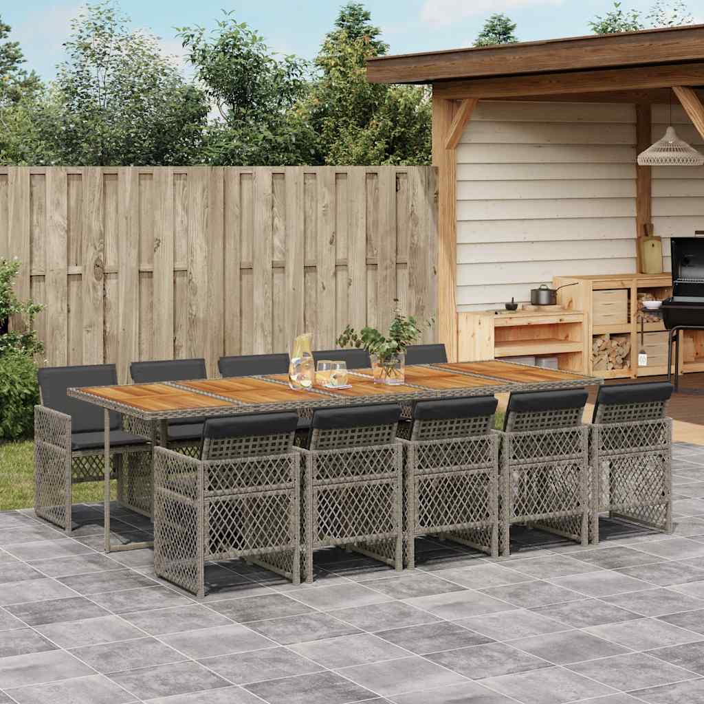 11 Piece Garden Dining Set with Cushions Grey Poly Rattan
