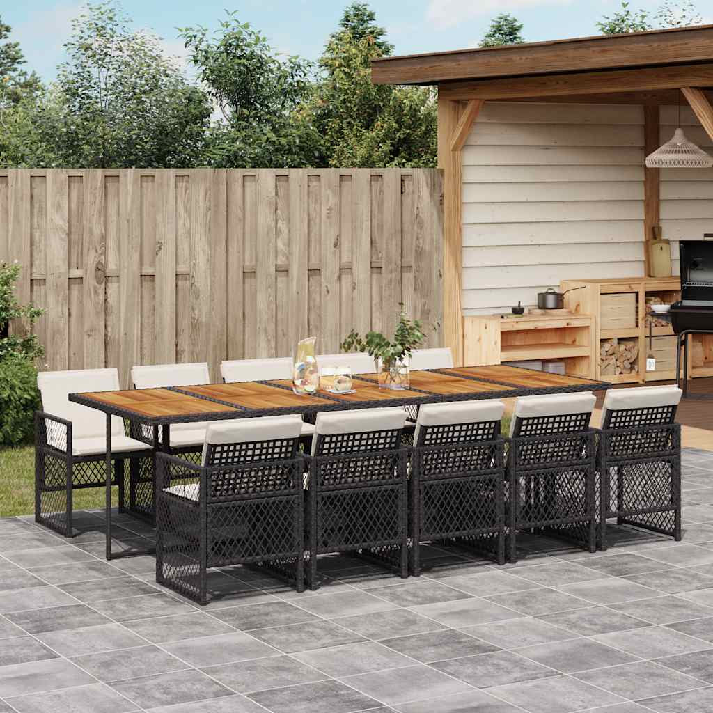 11 Piece Garden Dining Set with Cushions Black Poly Rattan