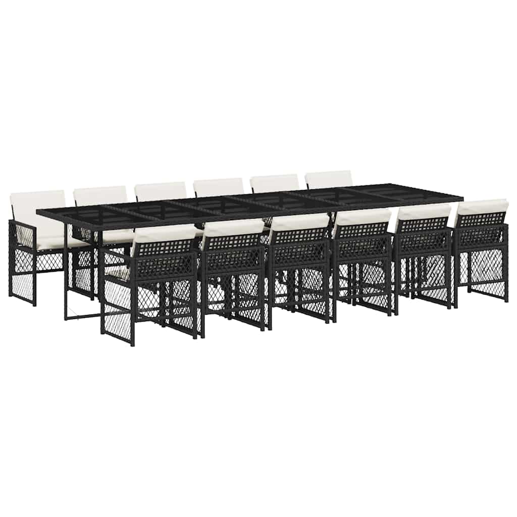 13 Piece Garden Dining Set with Cushions Black Poly Rattan