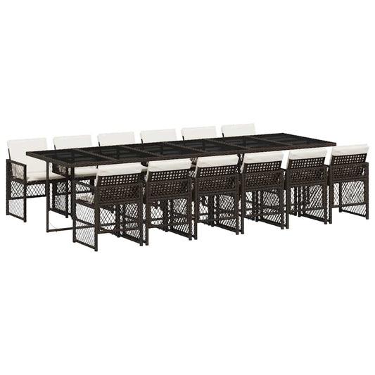 13 Piece Garden Dining Set with Cushions Brown Poly Rattan