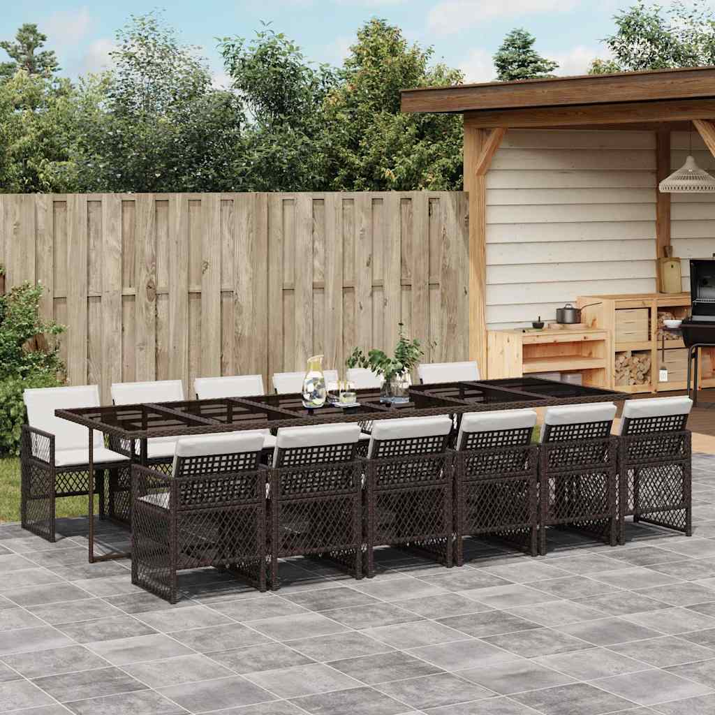 13 Piece Garden Dining Set with Cushions Brown Poly Rattan