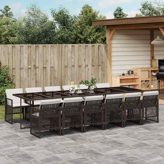 13 Piece Garden Dining Set with Cushions Brown Poly Rattan
