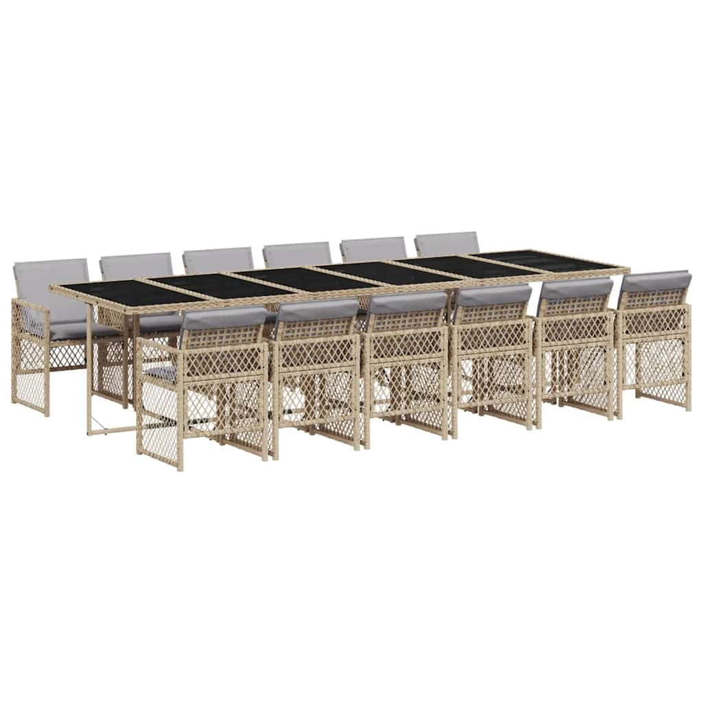 13 Piece Garden Dining Set with Cushions Beige Poly Rattan