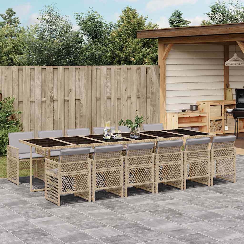 13 Piece Garden Dining Set with Cushions Beige Poly Rattan