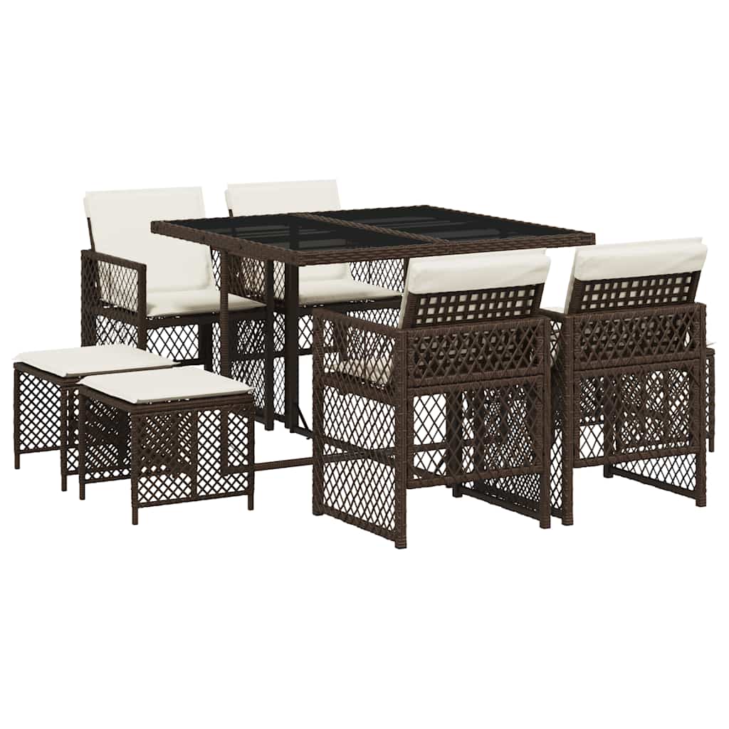 9 Piece Garden Dining Set with Cushions Brown Poly Rattan