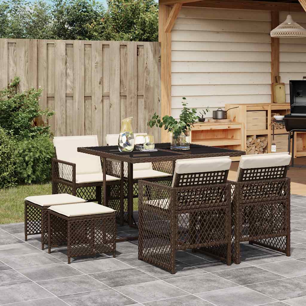 9 Piece Garden Dining Set with Cushions Brown Poly Rattan
