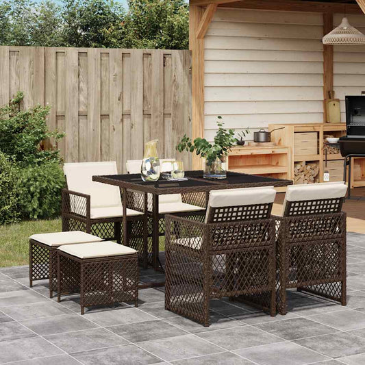 9 Piece Garden Dining Set with Cushions Brown Poly Rattan
