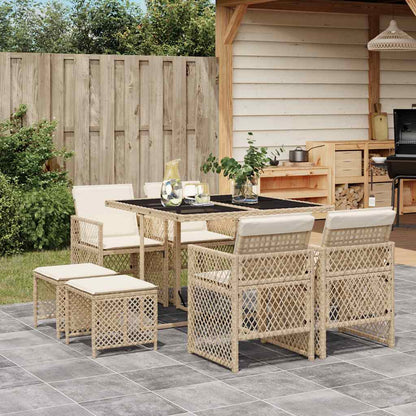 9 Piece Garden Dining Set with Cushions Beige Poly Rattan