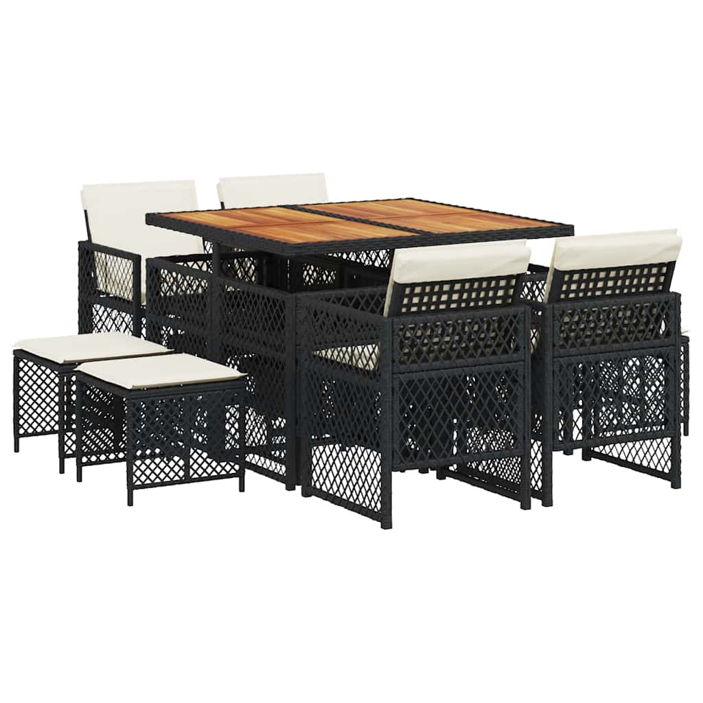 9 Piece Garden Dining Set with Cushions Black Poly Rattan