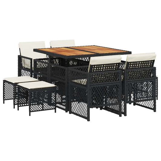 9 Piece Garden Dining Set with Cushions Black Poly Rattan