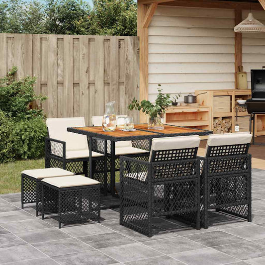 9 Piece Garden Dining Set with Cushions Black Poly Rattan