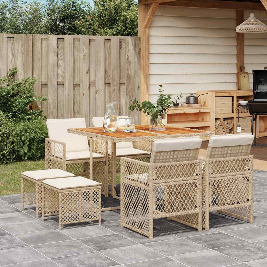 9 Piece Garden Dining Set with Cushions Beige Poly Rattan