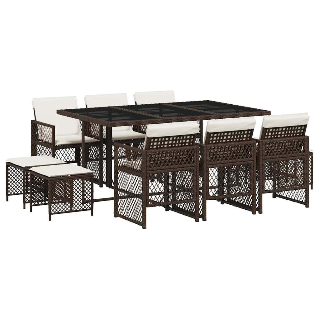 11 Piece Garden Dining Set with Cushions Brown Poly Rattan