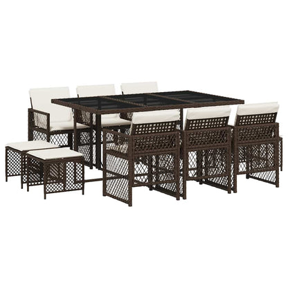 11 Piece Garden Dining Set with Cushions Brown Poly Rattan
