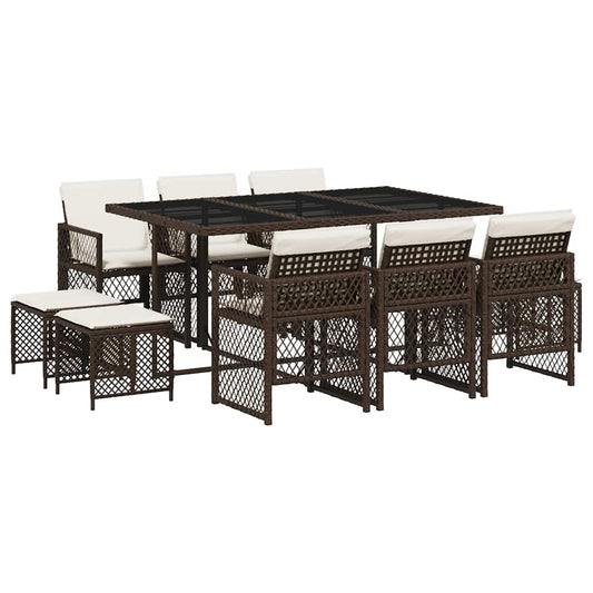 11 Piece Garden Dining Set with Cushions Brown Poly Rattan