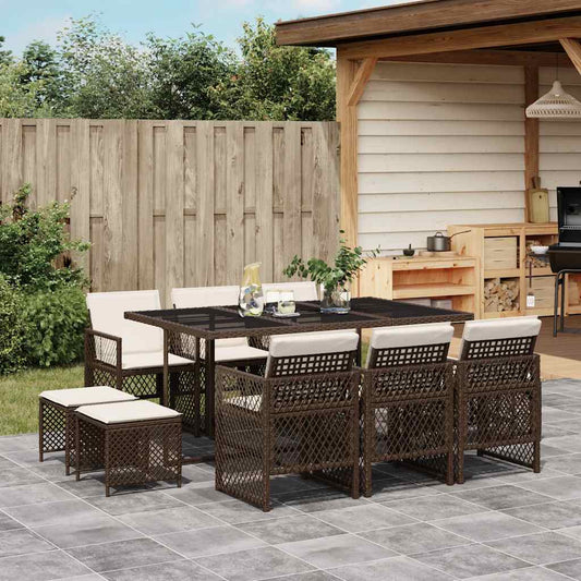 11 Piece Garden Dining Set with Cushions Brown Poly Rattan