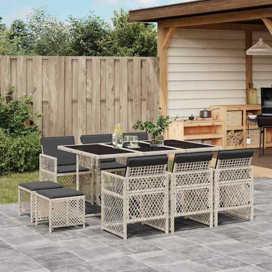 11 Piece Garden Dining Set with Cushions Light Grey Poly Rattan