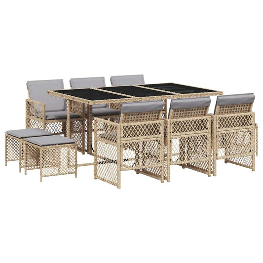 11 Piece Garden Dining Set with Cushions Beige Poly Rattan