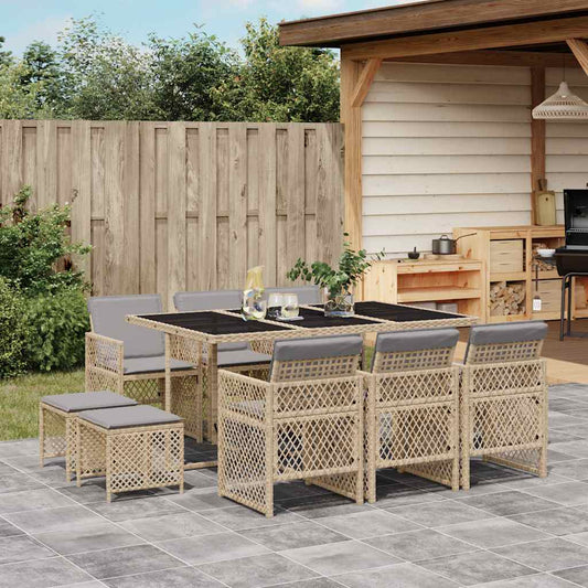 11 Piece Garden Dining Set with Cushions Beige Poly Rattan