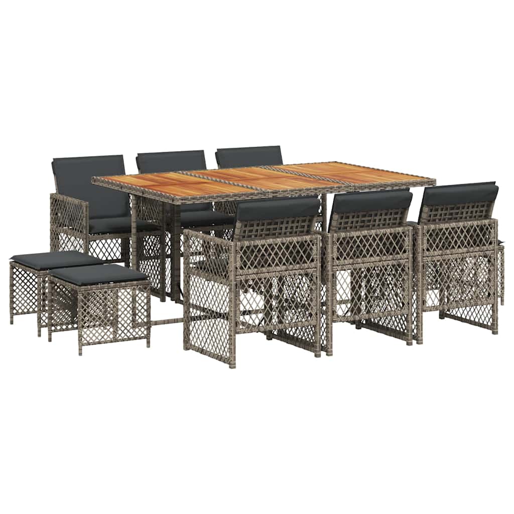 11 Piece Garden Dining Set with Cushions Grey Poly Rattan
