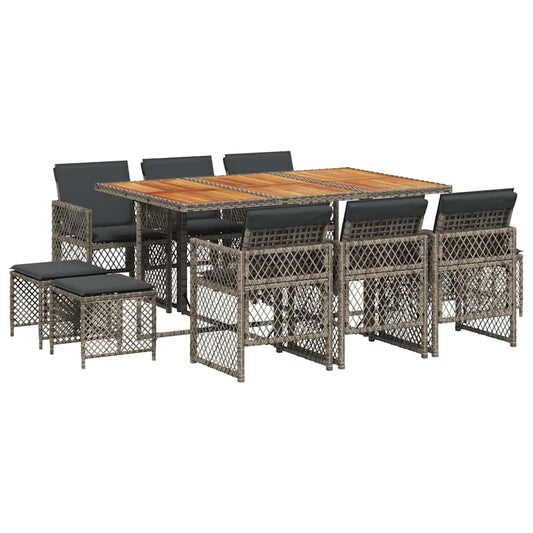 11 Piece Garden Dining Set with Cushions Grey Poly Rattan