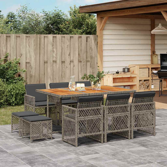 11 Piece Garden Dining Set with Cushions Grey Poly Rattan