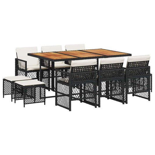 11 Piece Garden Dining Set with Cushions Black Poly Rattan