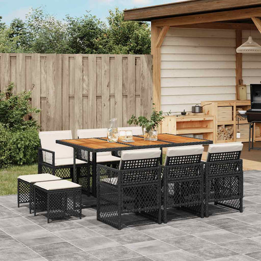 11 Piece Garden Dining Set with Cushions Black Poly Rattan
