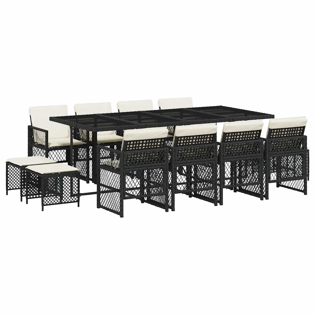 13 Piece Garden Dining Set with Cushions Black Poly Rattan