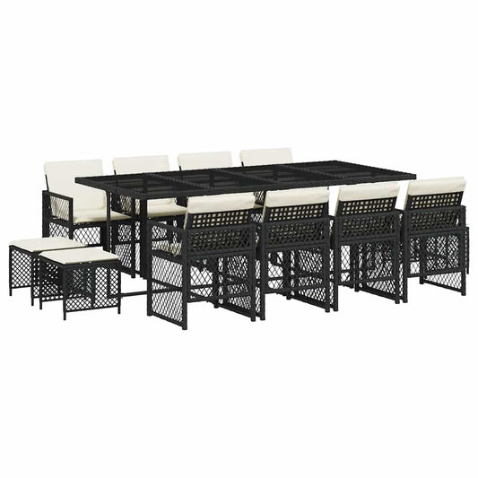 13 Piece Garden Dining Set with Cushions Black Poly Rattan