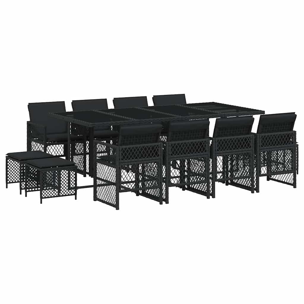13 Piece Garden Dining Set with Cushions Black Poly Rattan